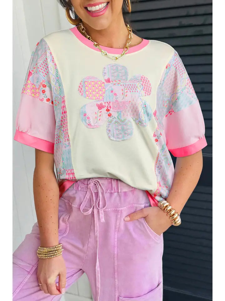 Floral Patchwork Round Neck Short Sleeve T-Shirts Full Size