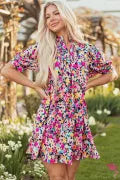 Pink Floral Puff Short Sleeve V Neck Mini Dress