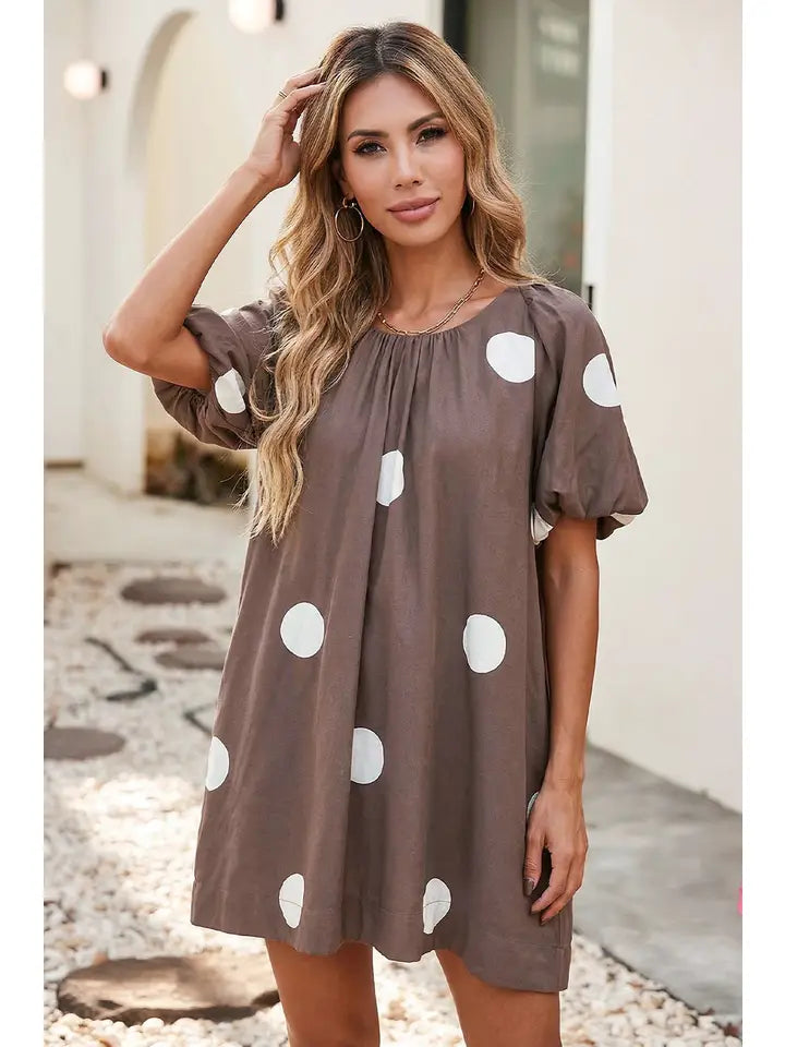 Polka Dot Knot Back Short Puff Sleeve Loose Mini Dress