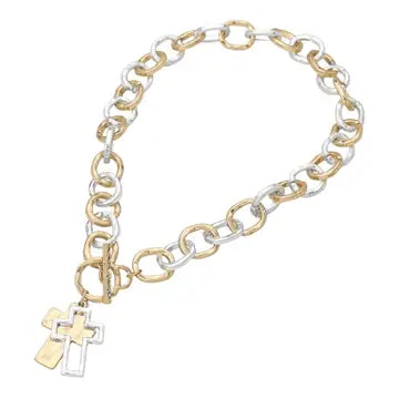Hammered Layered Cross Pendant Chunky Chain Toggle Necklace   Worn Gold,Worn Silver