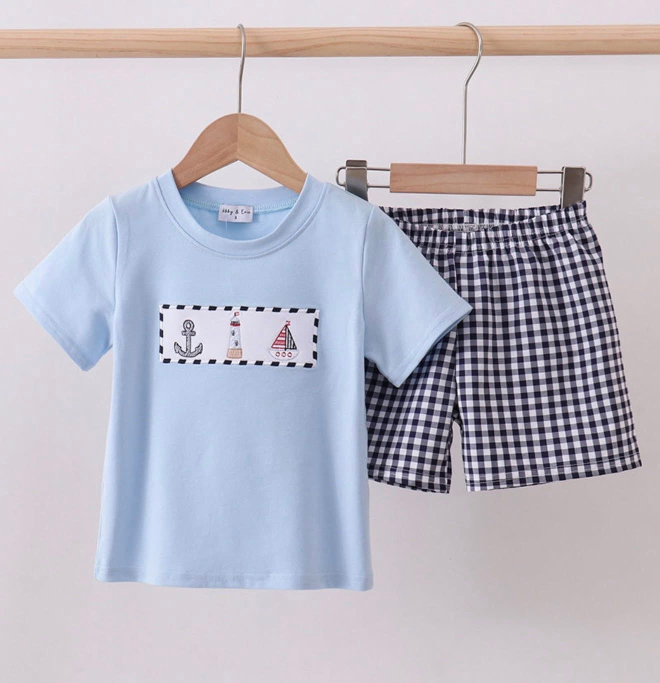 Boys Blue sailboat embroidery gingham shorts set