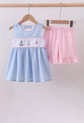 Blue sailboat embroidery jacquard shorts set